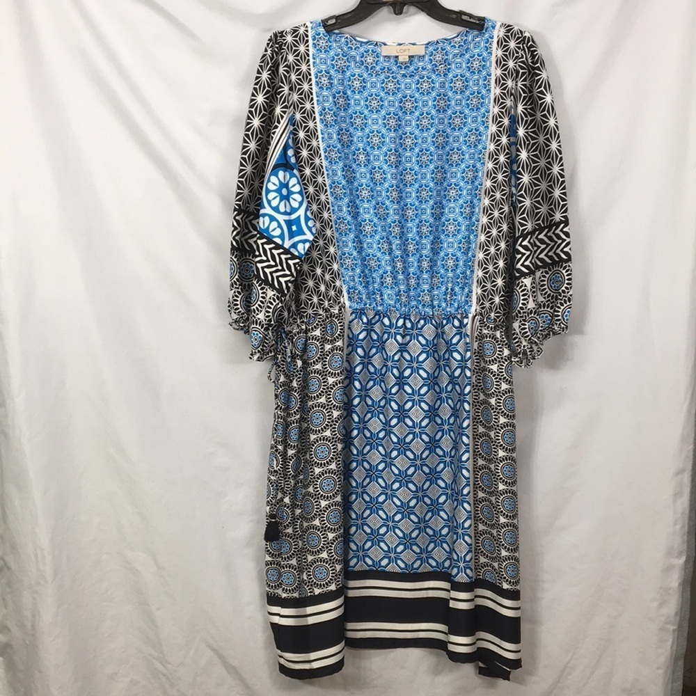 Loft Ocean Mosaic Tie Waist Thin MIDI Drop Waist Dress Size L NEW With Tags